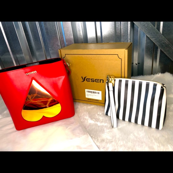 Handbags - Heart Handbag Matching Coin Purse Leather NIB Set Red Black Gold White